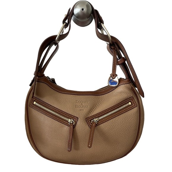 Dooney & Bourke Handbags - Dooney & Bourke Tan Brown Small Circle Handbag Pebble Grain Hobo Zip Closure
